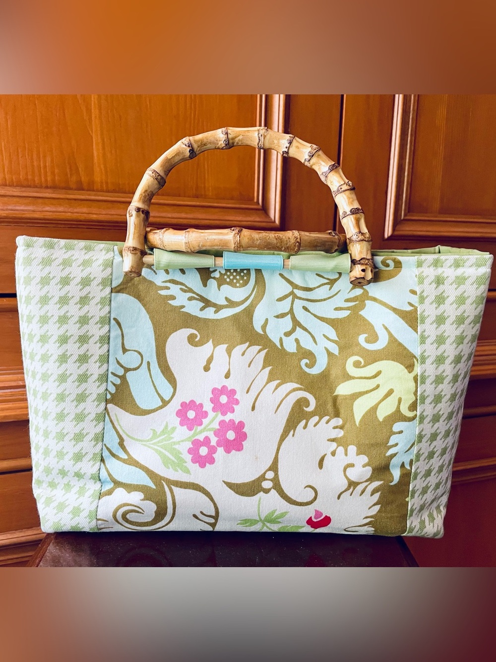 Whimsical Cape Cod Floral Print Tote w. Bamboo Handles in Green, Pink and Cream